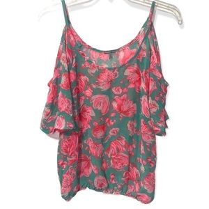 CHARLOTTE Russe Cold Shoulder Flowy Floral Blouse in Pink and Bright Blue Size S